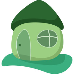 Charming Whimsical Green Fairy House with Rounded Design and Forest Green Roof on a Teal Base with Transparent Background