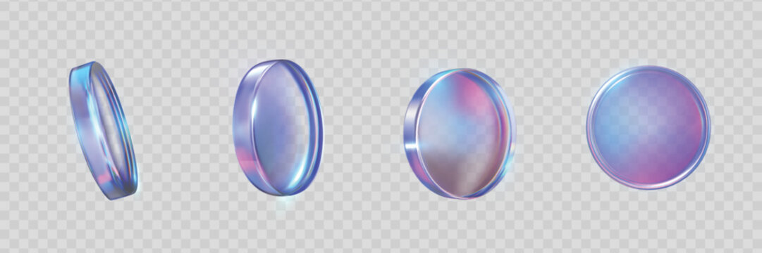 3D holographic purple iridescent glass coins view from different angles vector set, realistic game token, casino chip