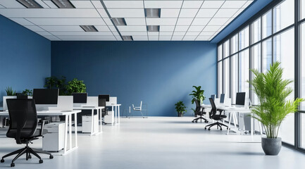 Contemporary office space features blue wall, glass windows, organized desks, ergonomic chairs, flourishing plants, and daylight.