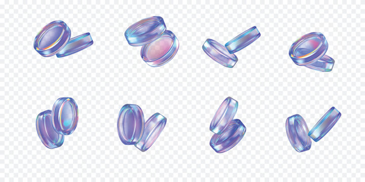 Realistic 3D holographic glass coins pair floating falling, purple iridescent crystal game token, casino chip vector set
