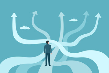 Business decisions or choices, Finding the right direction, Business opportunities or paths to success, Decide the path ahead, Businessman are choosing a business path.