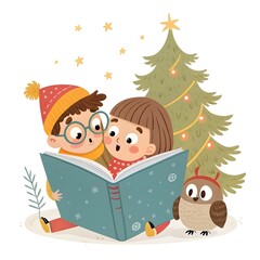 Two children reading a book next to an owl and a christmas tree isolated on white background