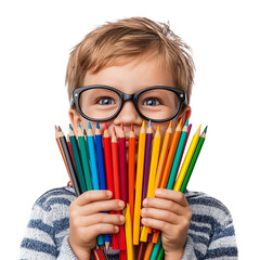 Young Boy Holding Colorful Pencils isolated on a transparent background © Atick Tajwar Khan