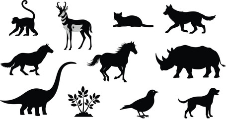 Animal silhouette illustration, monkey, cat, horse, rhino, dinosaur, bird, dog, wildlife vector, black graphic, nature theme, plant element