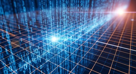 Binary code flows across a digital grid representing data streams and network connections in a futuristic, technological landscape.