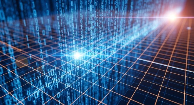Binary code flows across a digital grid representing data streams and network connections in a futuristic, technological landscape.