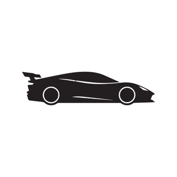 Sports car silhouette icon vector. Fast racing automobile with spoiler, side view vehicle symbol. Black supercar graphic illustration isolated on white.
