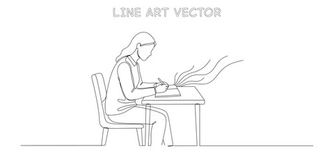 Fototapeta premium Woman sitting at desk writing in notebook continuous line art