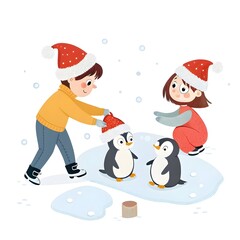 Two children are putting santa hats on penguins while playing on the ice isolated on white background