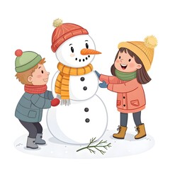 Two children building a snowman together isolated on white background, enjoying a winter activity with festive cheer