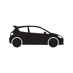 Sporty hatchback car icon vector silhouette. Compact hot hatch vehicle symbol with spoiler. Simple black automobile graphic illustration isolated on white.
