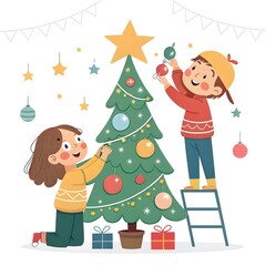 Two children decorating a christmas tree with ornaments, isolated on white background, creating a festive and joyful atmosphere