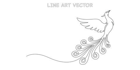 Continuous one line drawing of a beautiful peacock bird flying