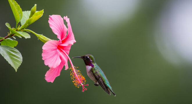 Tiny ruby throated hummingbird feeding on a vibrant pink hibiscus flower in natural garden setting