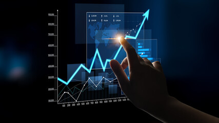 A dynamic visual showing a hand interacting with a high-tech digital graph that displays an upward trajectory, symbolizing financial growth and data analysis. Scalp