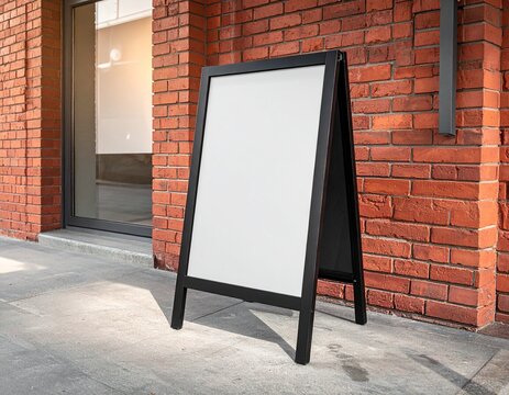 벽돌 건물 앞 인도 위에 놓인 블랙 프레임 A자 스탠드 보드 Black metal frame A-frame sandwich board standing on sidewalk in front of brick building