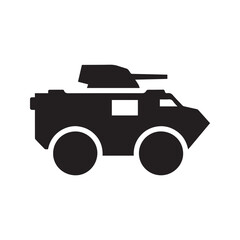 Military armored car icon vector. Army combat vehicle silhouette with cannon. Simple black transport symbol for war and defense, isolated on white.
