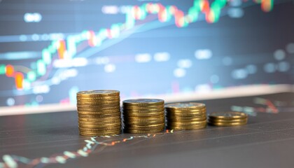 Stacks of gold coins on a table with a blurred stock market graph in the background, illustrating a concept of money management and financial planning.
