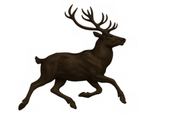 Running male deer with large antlers, powerful mammal galloping forward, wildlife animal in motion on transparent background