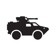 Military armored car icon vector. Army combat vehicle silhouette with cannon. Simple black transport symbol for war and defense, isolated on white.
