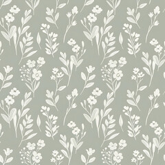 Watercolor floral pattern of hand-painted wildflowers and sprawling leaves tied with a sheer ribbon on a bright white silk background, created for wallpaper and fabric, illuminated with diffused	
