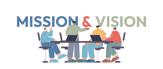 diverse business team in meeting discussing corporate strategy and goals laptops open table title mission and vision emphasizes strategic planning goal setting