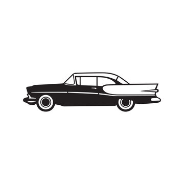Classic 1950s vintage car silhouette. Retro American automobile vector icon with tailfins. Side view graphic illustration isolated on white.
