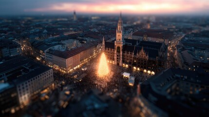 Obraz premium Glowing Christmas tree illuminates town square amid festive winter atmosphere