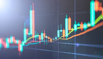 A close-up shot of a colorful financial graph with rising trends, bars, and lines on a dark background, conveying a sense of money management and market analysis with a professional and