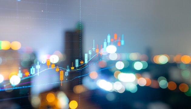 Blurry cityscape at dusk with a superimposed stock market graph and colorful bokeh lights conveying a sense of financial growth and money management. - Powered by Adobe