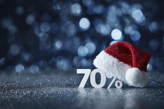 Bright red Santa hat rests on bold percentage figure, sparkling