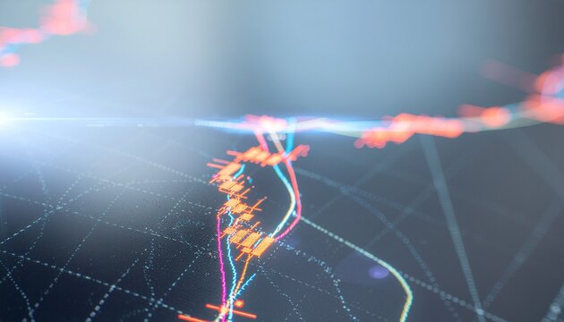 A close-up view of a financial graph with colorful lines and data points on a digital screen for money management and analysis with a dark background.