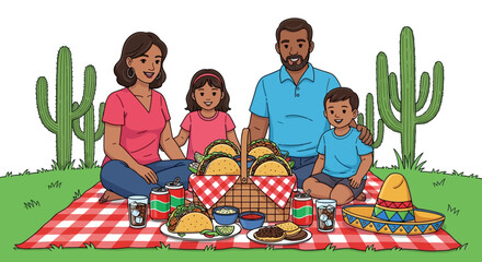 Diverse family enjoys picnic with tacos and drinks surrounded by cacti in desert landscape, celebrating fun outdoor meal together
