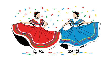 Two women in traditional colorful folk dresses, one red and one blue, dancing with their skirts flared out, with confetti falling around them, celebrating festive occasion
