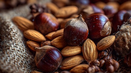Obraz premium Shiny brown chestnuts and almonds