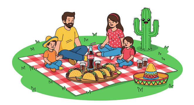 Cheerful cartoon mexican family enjoying picnic with tacos and drinks, complete with sombrero and cactus, set against vibrant green grassy - Powered by Adobe