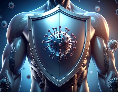 Metallic human figure holds a shield with a virus, symbolizing immunity against disease. Other viruses are floating