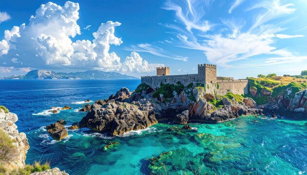 Ancient stone castle ruins perched on a rocky island overlooking turquoise Mediterranean sea with white fluffy clouds in a bright blue sky on a sunny day