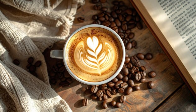 Close Up Of Coffee Latte Art With Heart Shape And Latte Art Foam Next To Coffee Beans And An Open Book On A Wooden Table With Natural Sunlight