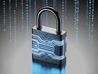 Digital padlock with circuit board design on binary code background