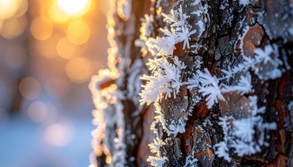Close Up Of Frost Covered Tree Bark With Golden Sunlight And Bokeh Effect In Winter Landscape