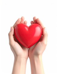 Fototapeta premium Hands gently cradle a bright, glossy red heart shape