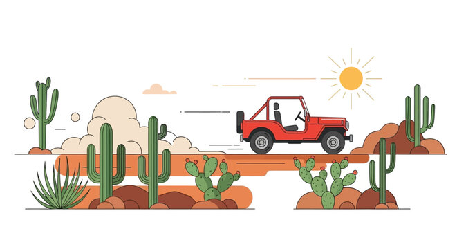 Red jeep drives through desert landscape with saguaro cacti and bright sun in the sky, illustrating journey through arid terrain