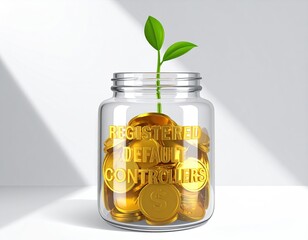 Sprout grows from gold coins in jar, symbolizing growth