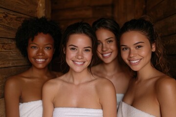 Obraz premium Four women embrace joy and connection in serene retreat setting.