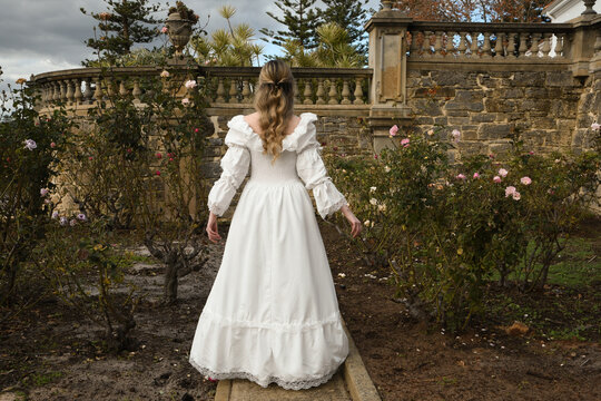 portrait of beautiful young blonde model wearing historical white wedding gown. ethereal back view figure, walking away in romantic rose garden of fairytale castle garden background