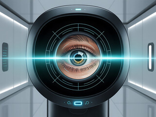 Futuristic ai robot eye with human iris and digital interface