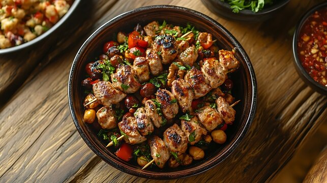 Shish baraka with nuts served in a dish on wooden table