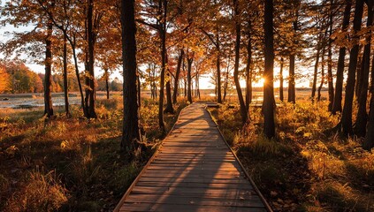 Stunning autumn sunset glowing through forest trees along wooden boardwalk trail path, perfect for nature and wellness promotions