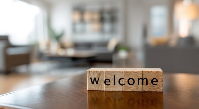 Warmly welcome guests with this inviting wooden block display in a modern home, creating a friendly and comforting atmosphere instantly
